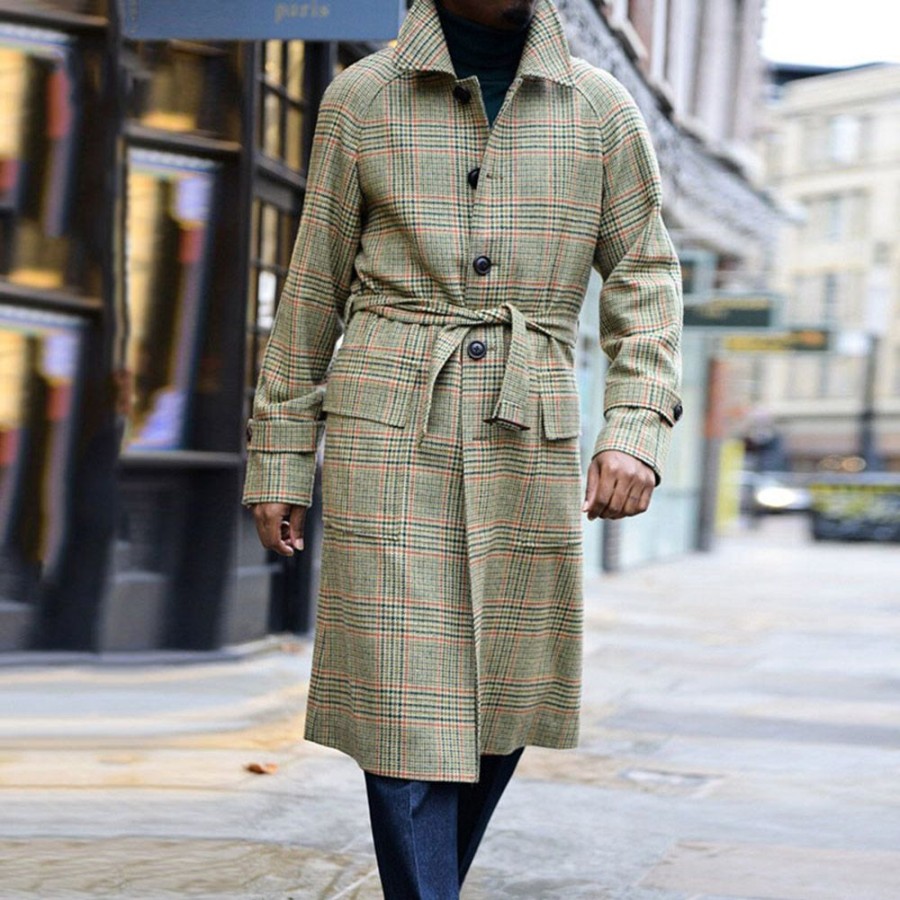 Men ericdress | Ericdress Print Plaid Long Single-Breasted European Coat Green