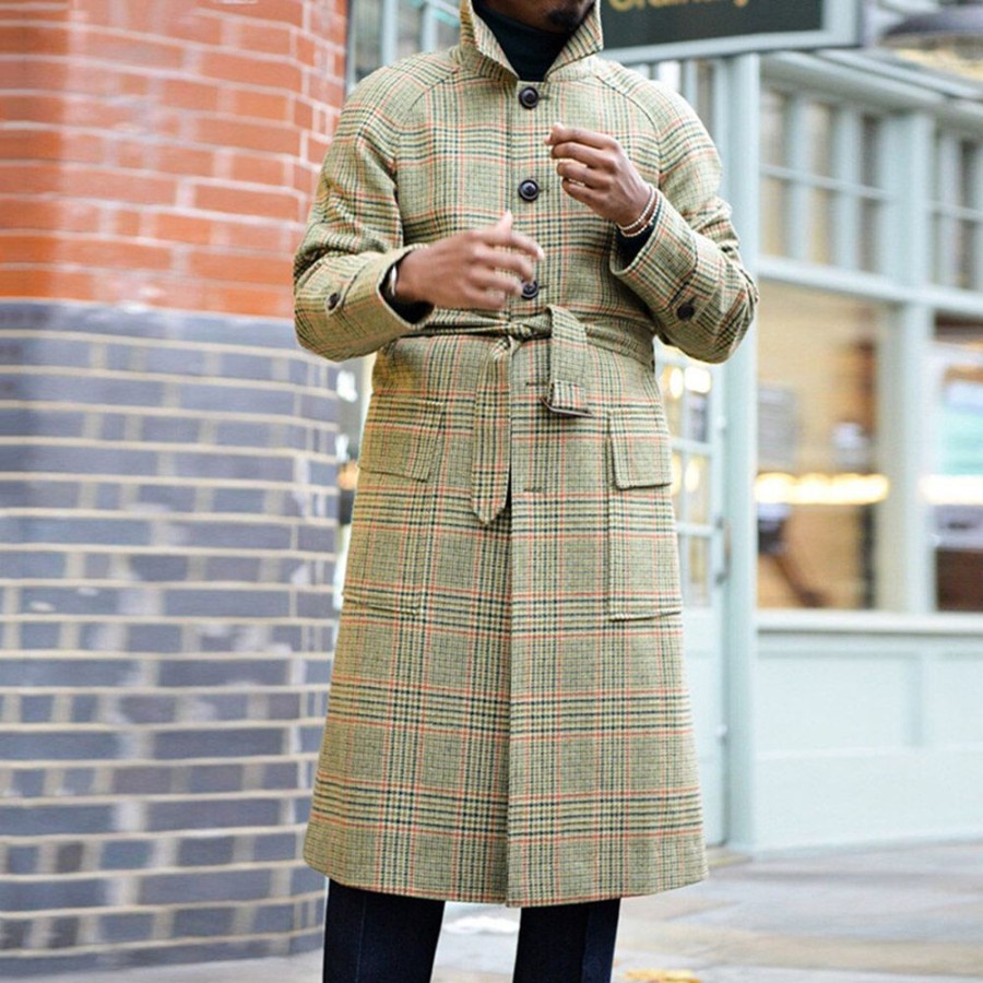 Men ericdress | Ericdress Print Plaid Long Single-Breasted European Coat Green