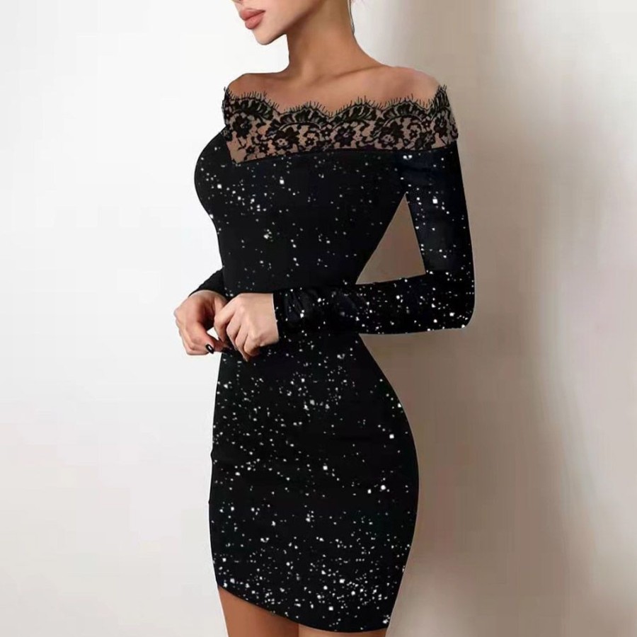 Women ericdress | Ericdress Off Shoulder See-Through Above Knee Western Fall Bodycon Dress Black