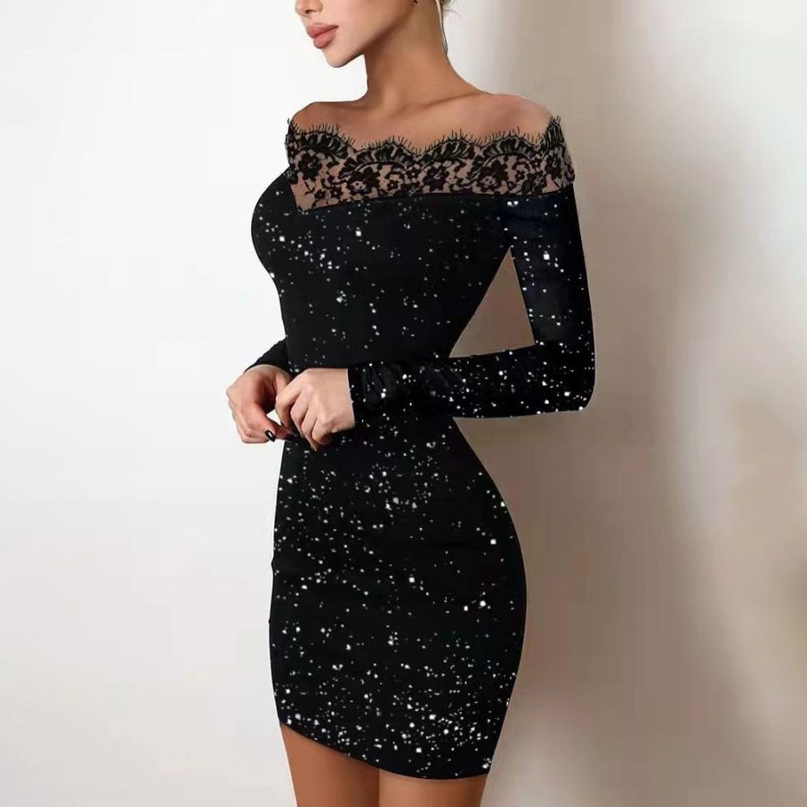 Women ericdress | Ericdress Off Shoulder See-Through Above Knee Western Fall Bodycon Dress Black