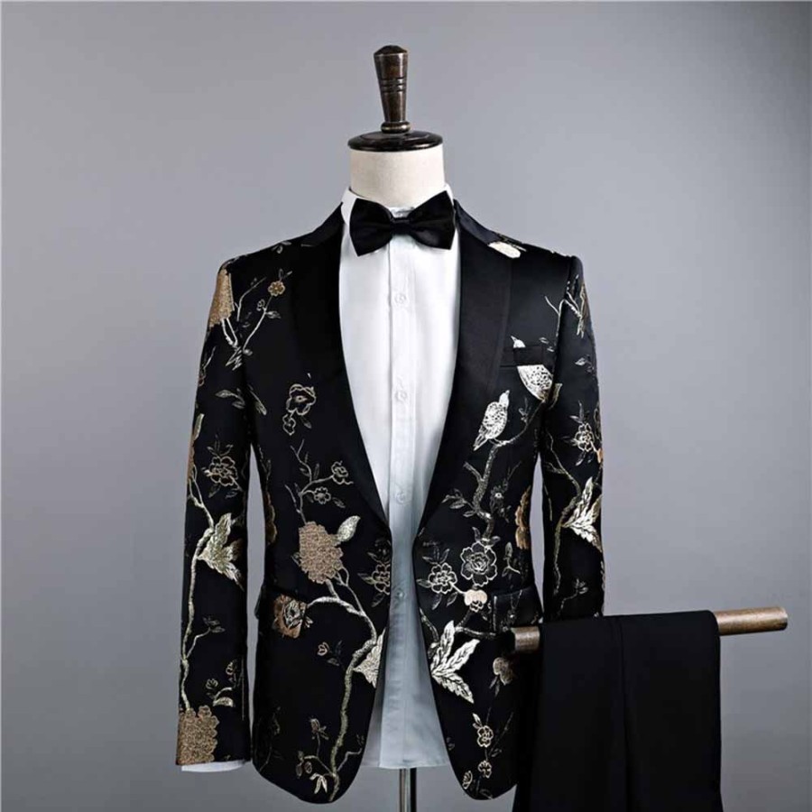 Men ericdress | Ericdress Floral Print Mens Casual Ball Wedding Suits Black