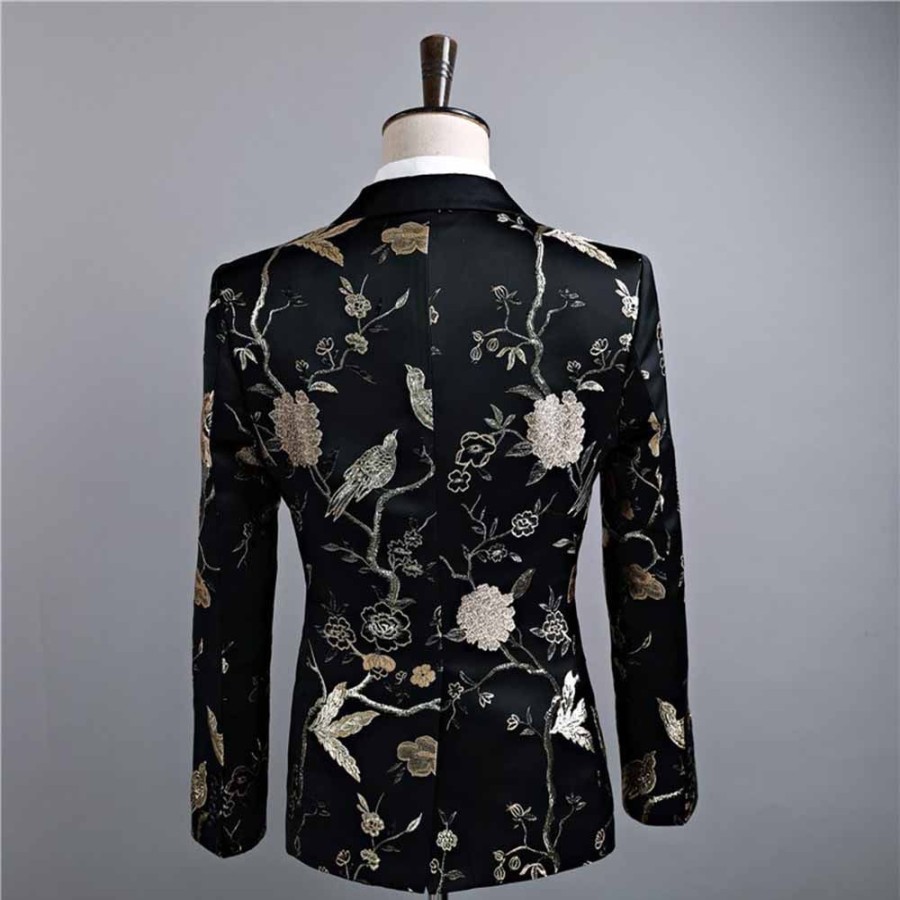 Men ericdress | Ericdress Floral Print Mens Casual Ball Wedding Suits Black