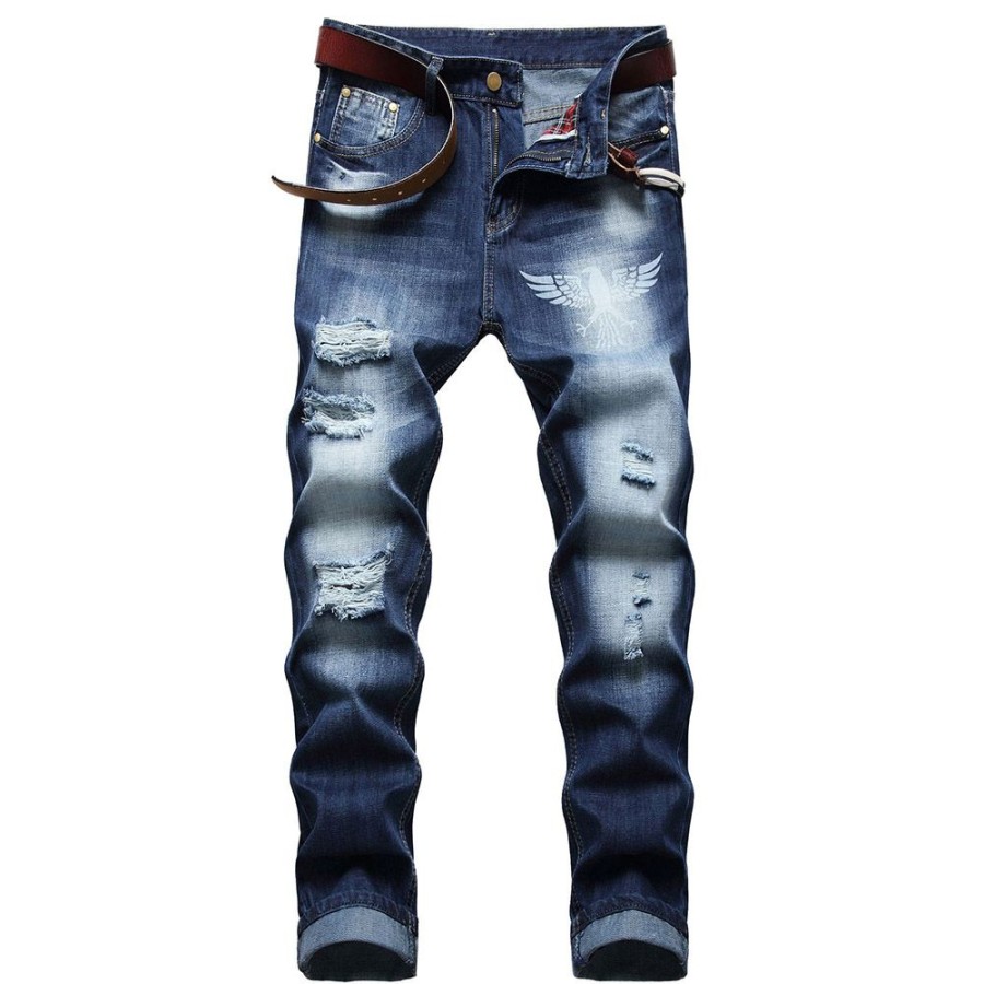 Men ericdress | Ericdress Fashion Worn Straight Zipper Mid Waist Jeans Blue