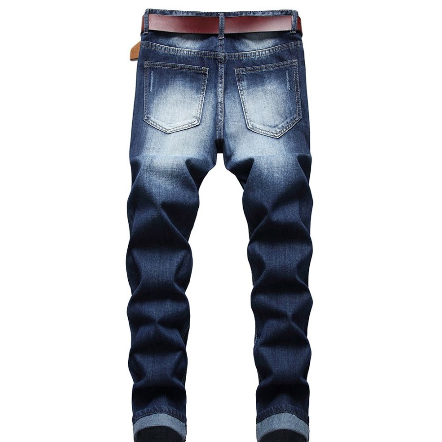 Men ericdress | Ericdress Fashion Worn Straight Zipper Mid Waist Jeans Blue