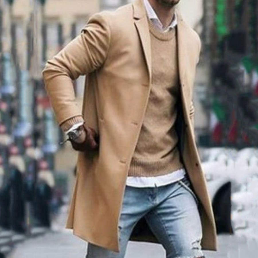 Men ericdress | Ericdress Mid-Length Notched Lapel Plain Slim European Coat