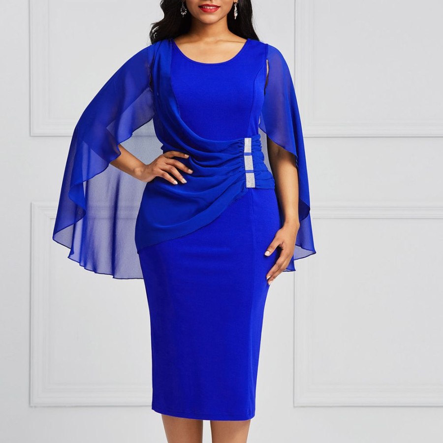 Women ericdress | Ericdress Bodycon Mid-Calf Batwing Sleeve Women'S Dress Blue