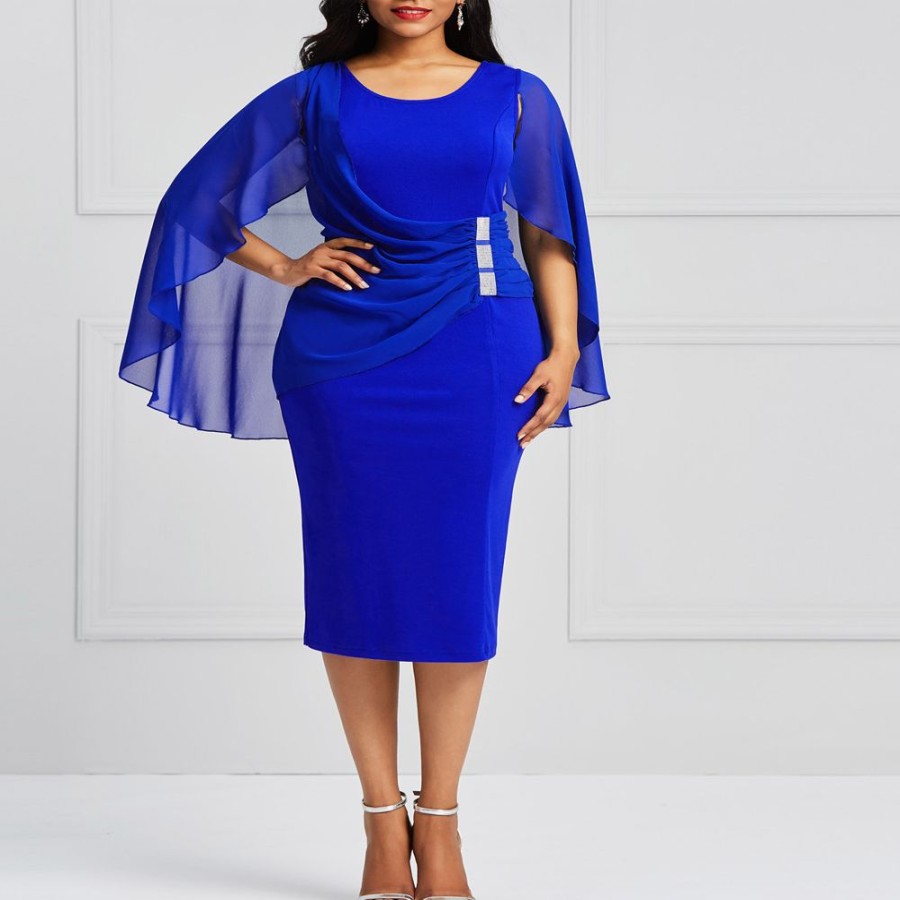 Women ericdress | Ericdress Bodycon Mid-Calf Batwing Sleeve Women'S Dress Blue