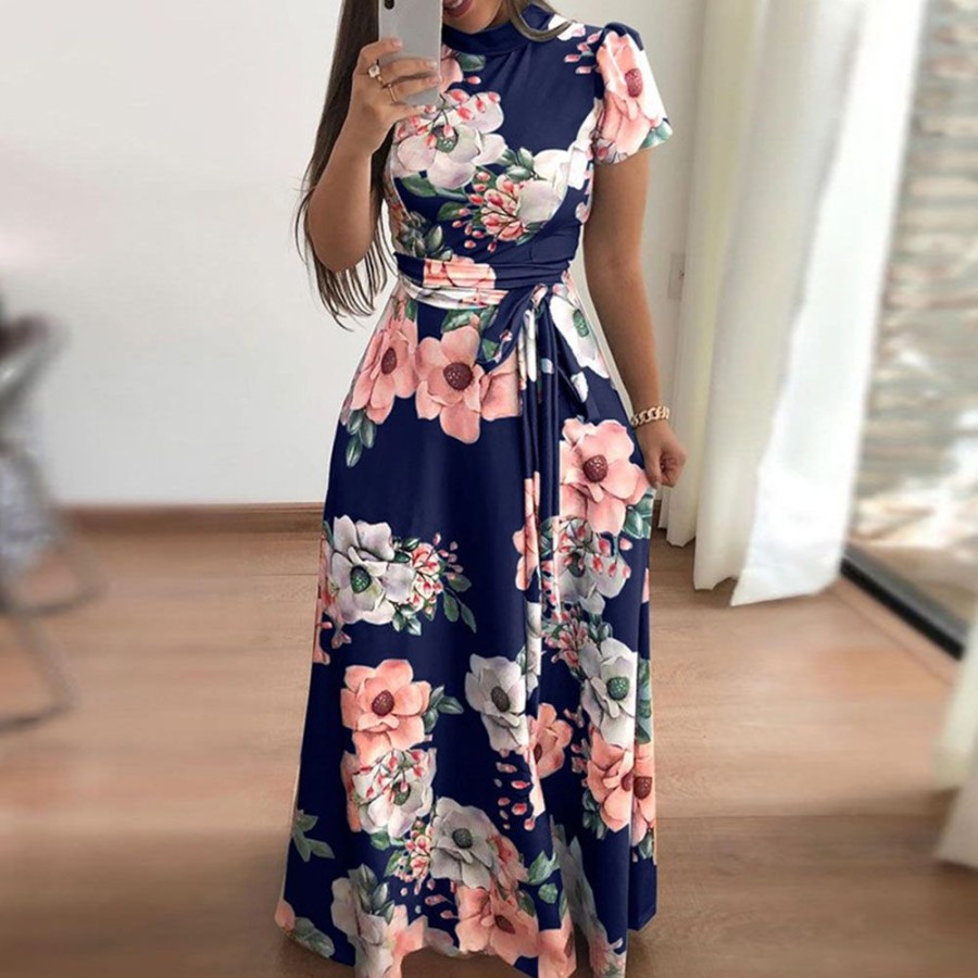 Women ericdress | Ericdress Print Floor-Length Short Sleeve Mid Waist Pullover Maxi Dress