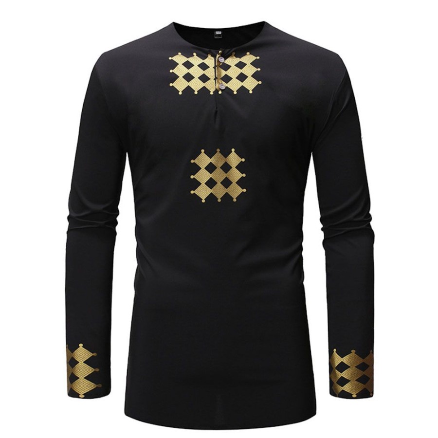 Men ericdress | Ericdress African Fashion Button Round Neck Color Block Slim Mens Shirt