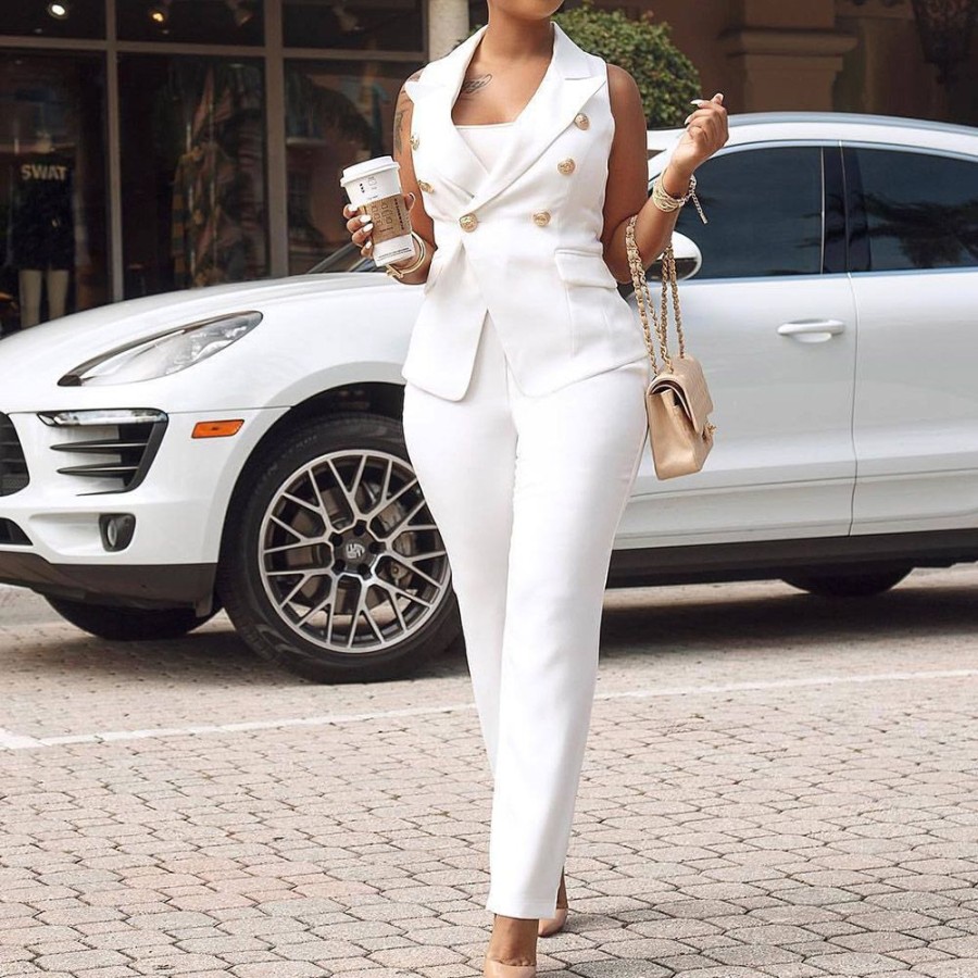 Women ericdress | Ericdress Plain Button Lapel Women'S Suit Vest And Pants Two Piece Sets White