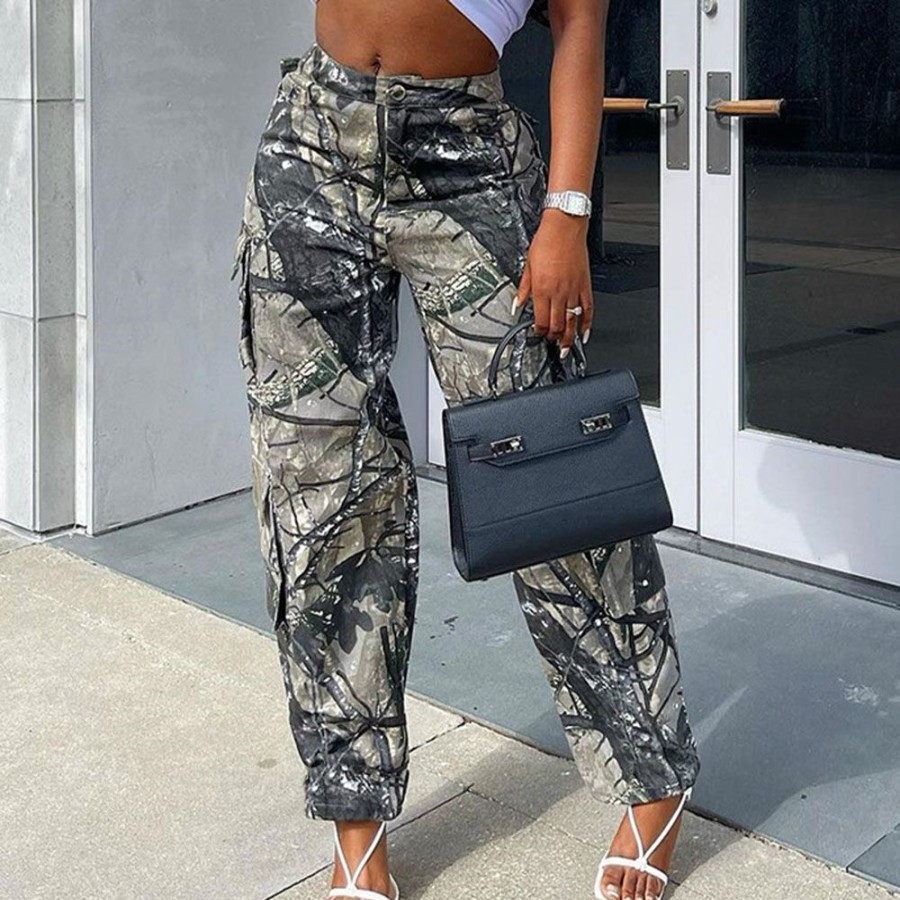 Women ericdress | Ericdress Print Loose Camouflage Full Length Straight Casual Pants Army Green