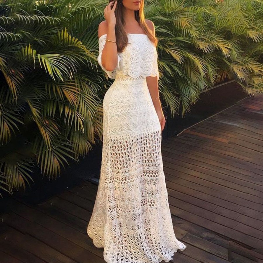 Women ericdress | Half Sleeve Off Shoulder Floor-Length Falbala Standard-Waist Women'S Dress White