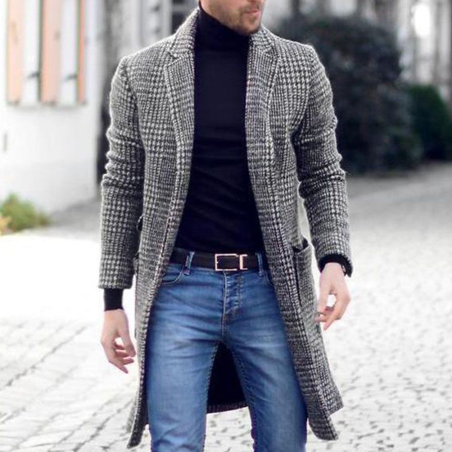 Men ericdress | Ericdress Lapel Mid-Length Plaid A Line Men'S Coat