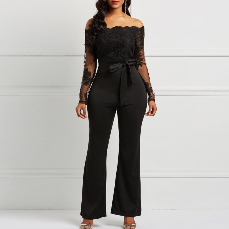 Women ericdress | Ericdress Belt Off Shoulder Lace Patchwork Women'S Jumpsuit