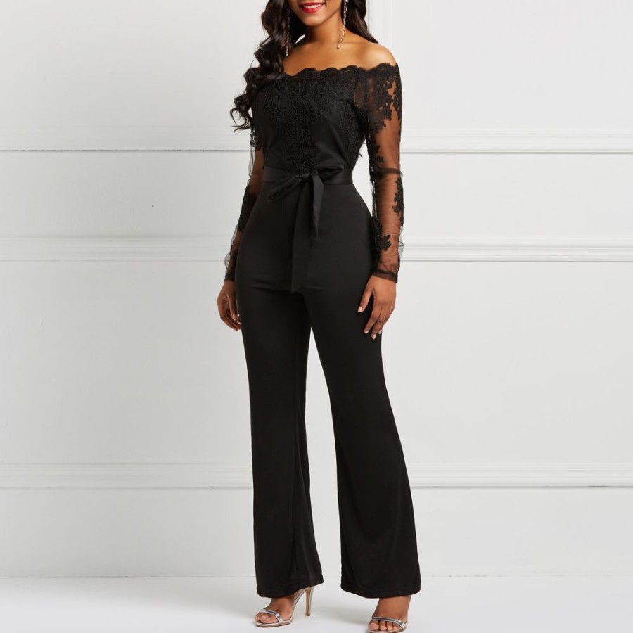 Women ericdress | Ericdress Belt Off Shoulder Lace Patchwork Women'S Jumpsuit