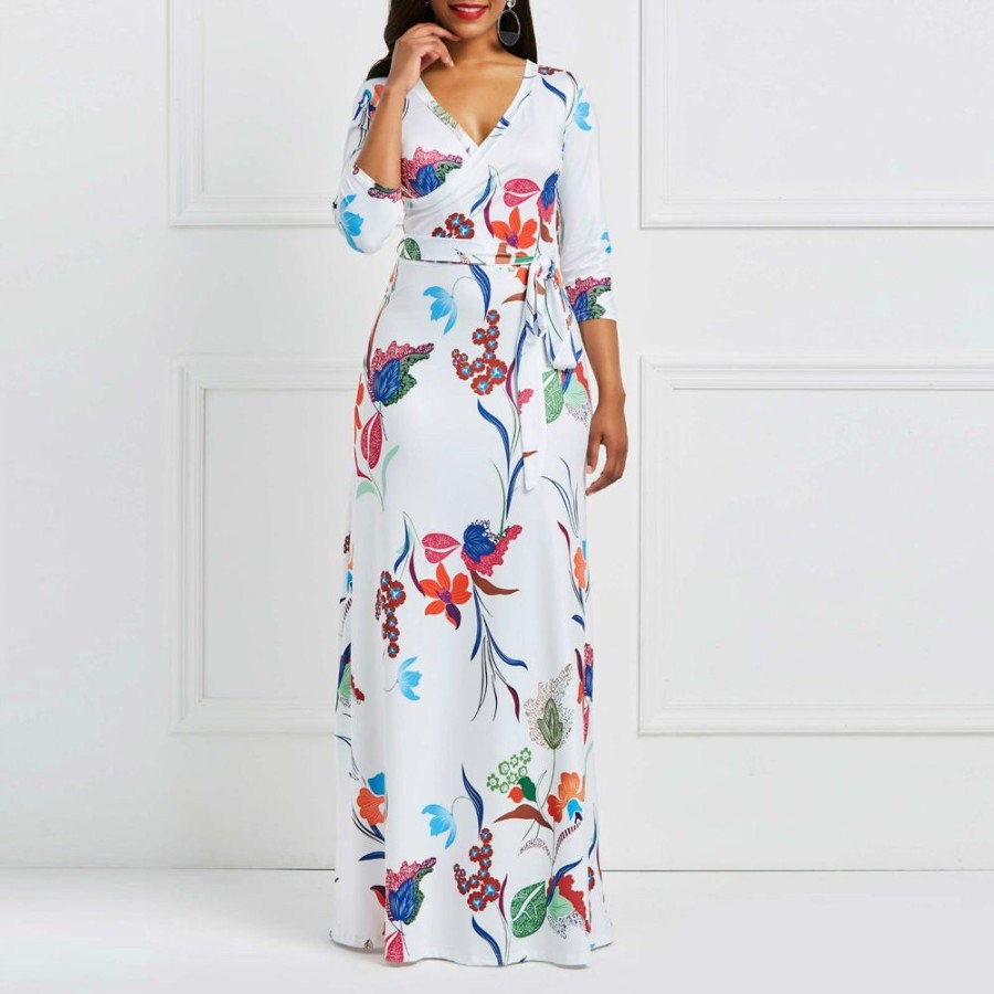 Women ericdress | Ericdress Floral V-Neck Milk Fiber Geometric Maxi Dress White