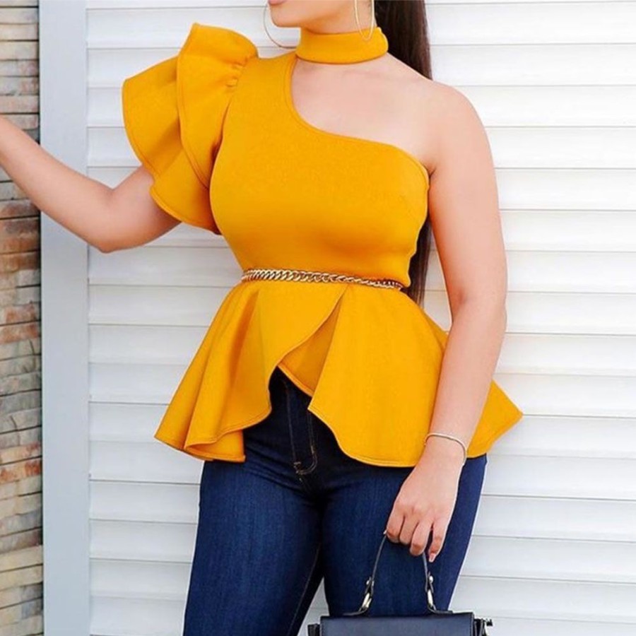 Women ericdress | Ericdress Turtleneck Falbala Ruffle Sleeve Short Sleeve Standard Blouse Yellow