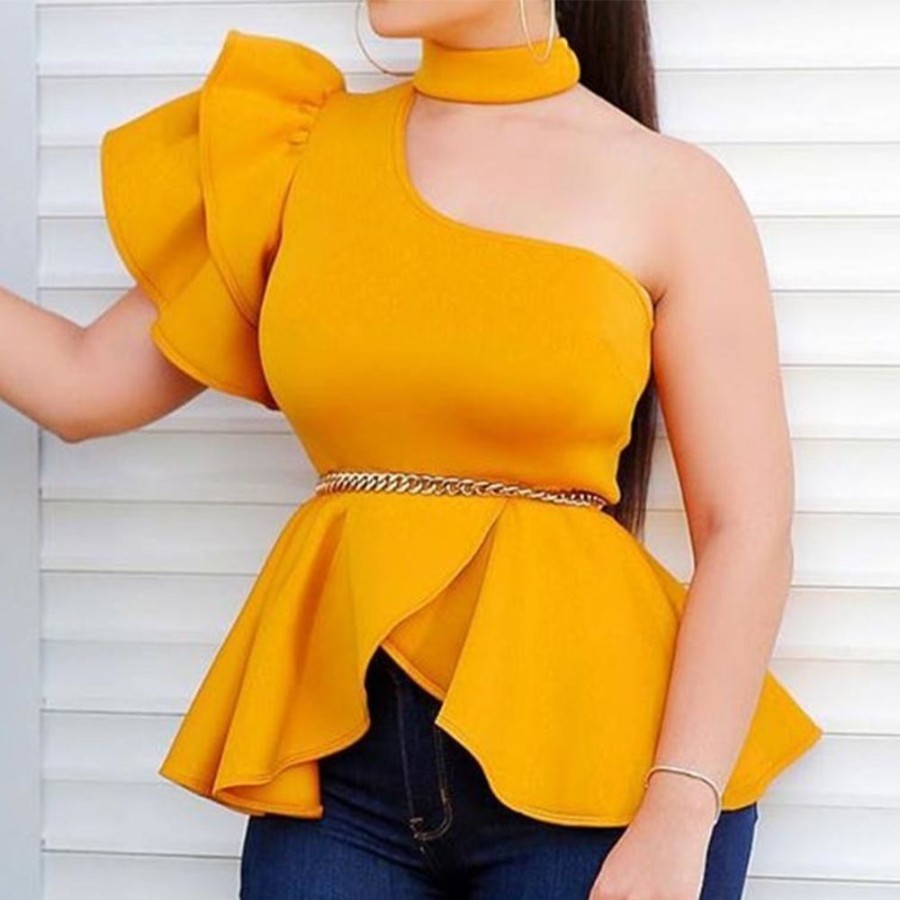 Women ericdress | Ericdress Turtleneck Falbala Ruffle Sleeve Short Sleeve Standard Blouse Yellow