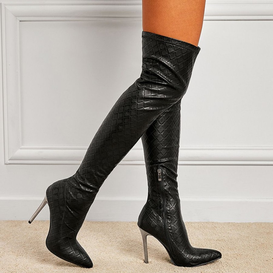 Boots ericdress | Ericdress Stiletto Heel Side Zipper Knee High Boots Black