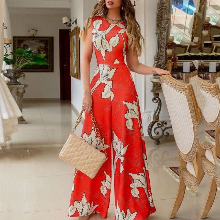 Women ericdress | Ericdress Floral Print Full Length Slim High Waist Jumpsuit Red