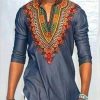 Men ericdress | Ericdress African Fashion Dashiki Print Color Block V-Neck Slim Men'S T-Shirt Blue