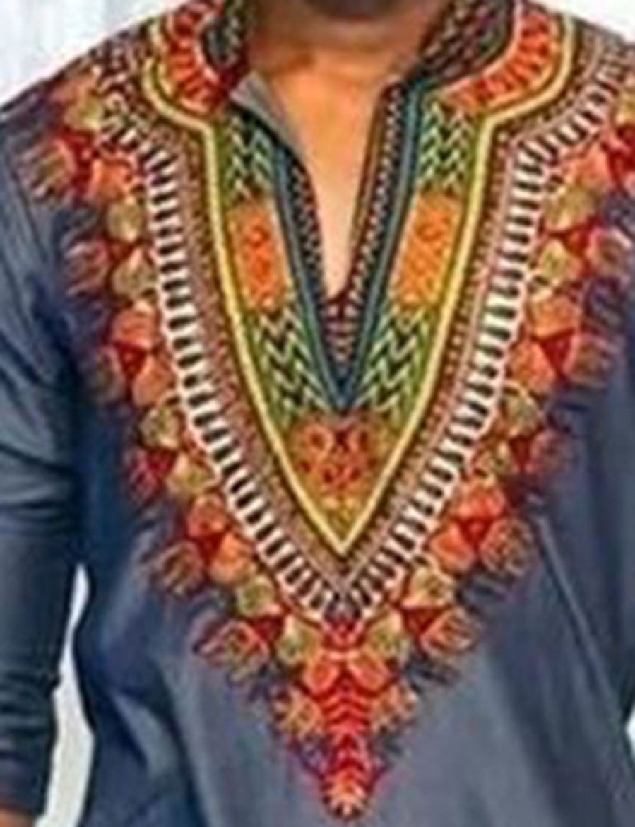 Men ericdress | Ericdress African Fashion Dashiki Print Color Block V-Neck Slim Men'S T-Shirt Blue