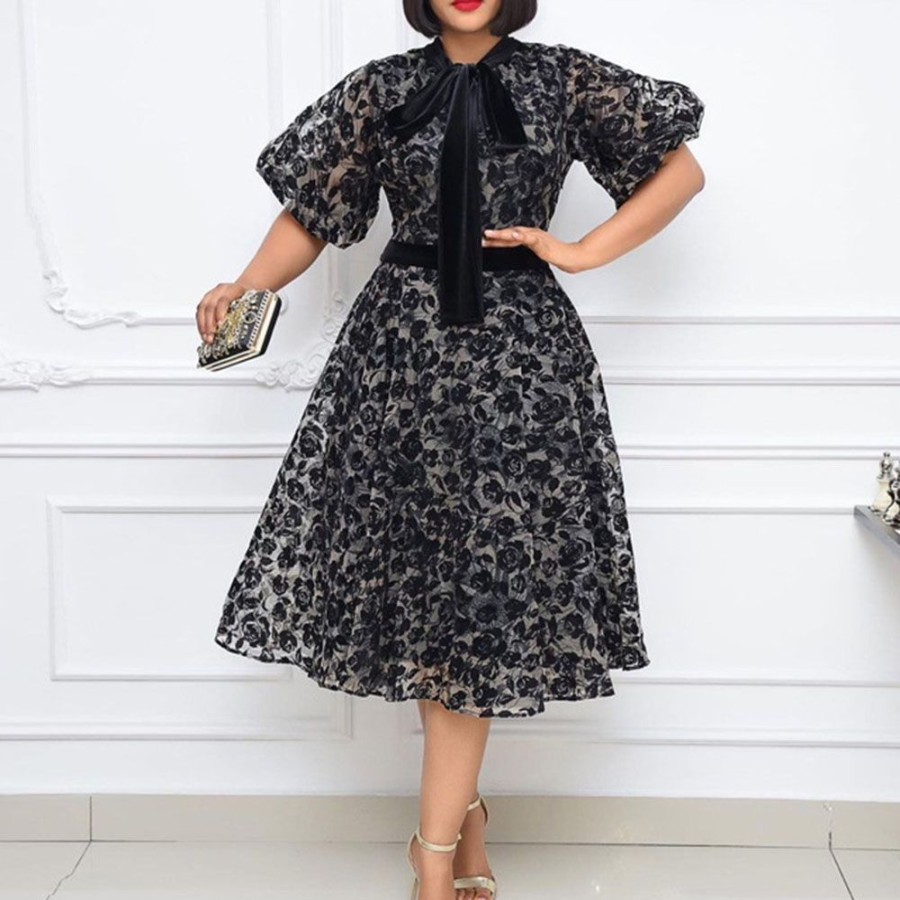 Women ericdress | Ericdress Print Half Sleeve Bow Collar A-Line Floral Dress Black