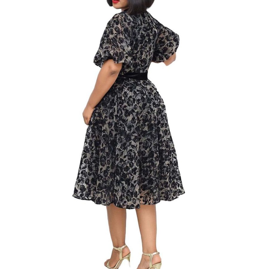 Women ericdress | Ericdress Print Half Sleeve Bow Collar A-Line Floral Dress Black