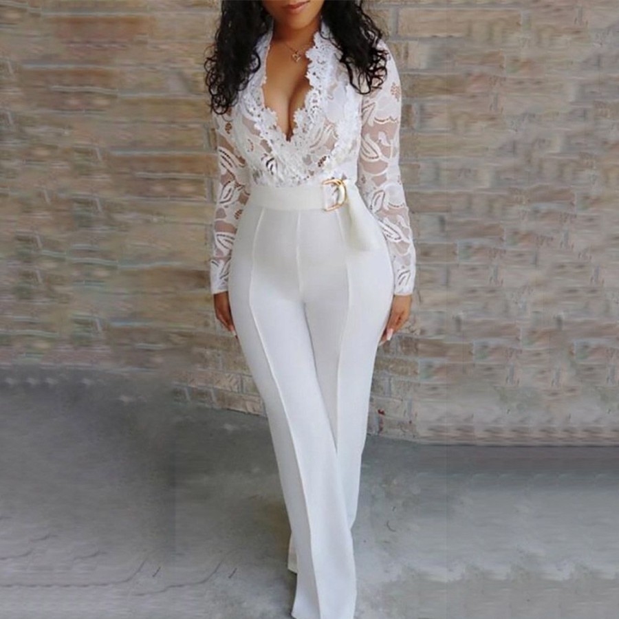 Women ericdress | Ericdress Lace Full Length Patchwork Office Lady Straight Slim Jumpsuit White