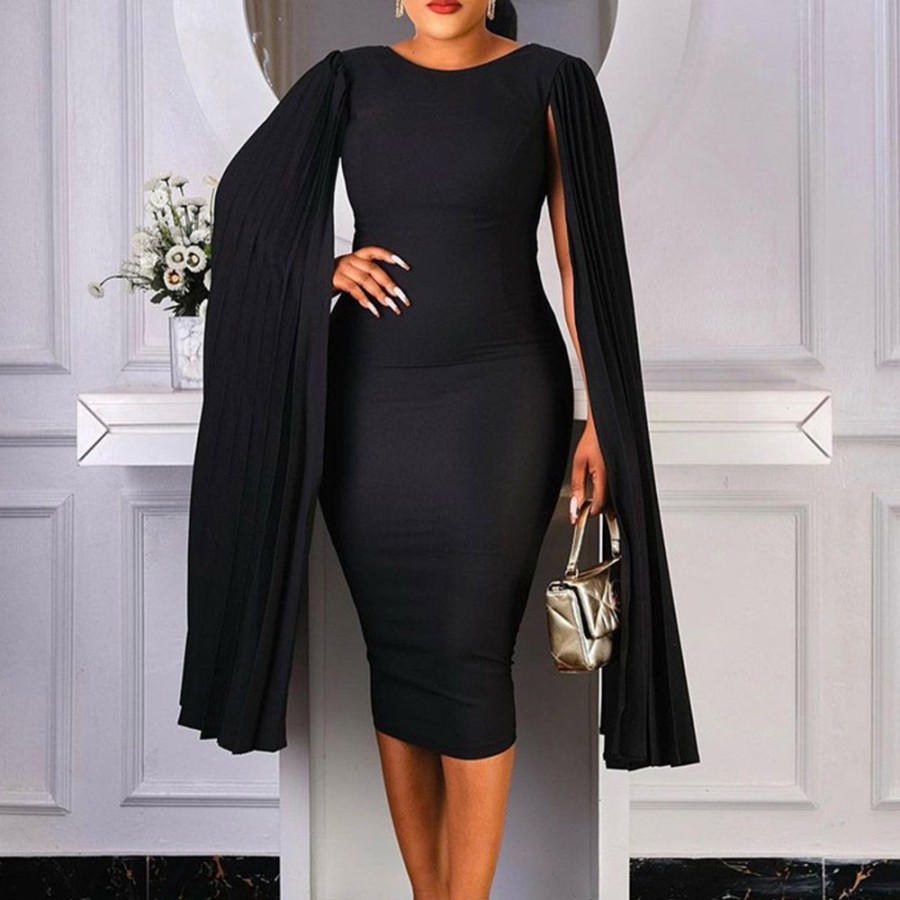 Women ericdress | Ericdress Round Neck Long Sleeve Pleated Office Lady Pencil Bodycon Dress