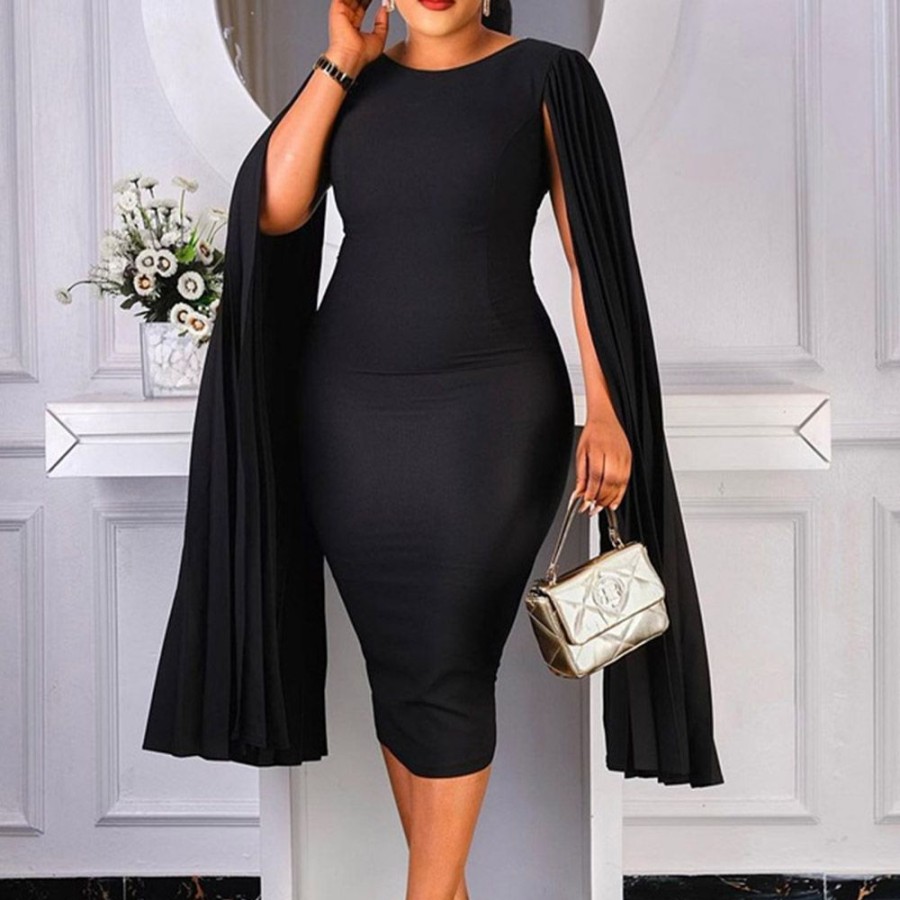 Women ericdress | Ericdress Round Neck Long Sleeve Pleated Office Lady Pencil Bodycon Dress