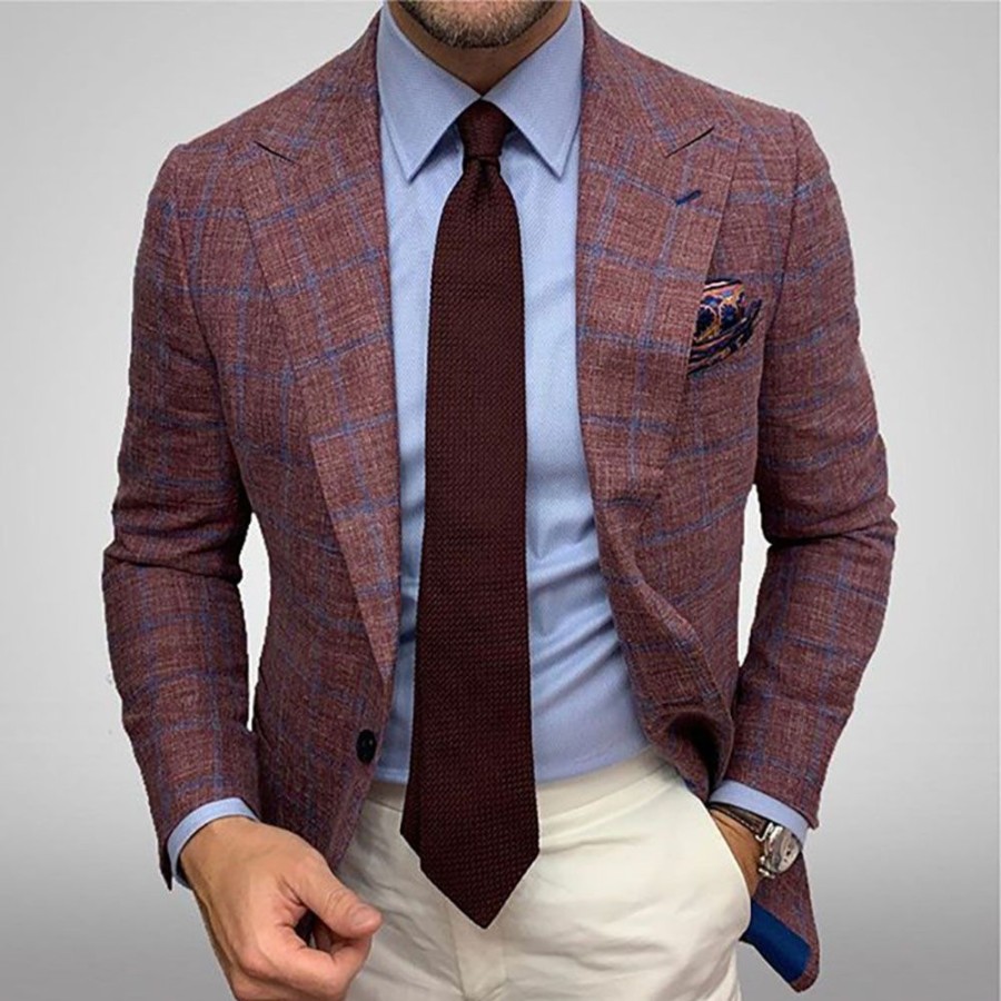 Men ericdress | Ericdress Men'S Coat Plaid Notched Lapel Formal Blazer Burgundy