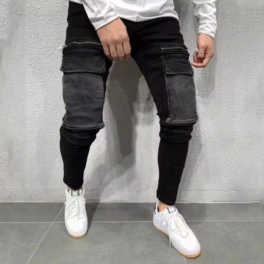 Men ericdress | Ericdress Pocket Pencil Pants Color Block European Mid Waist Jeans Black