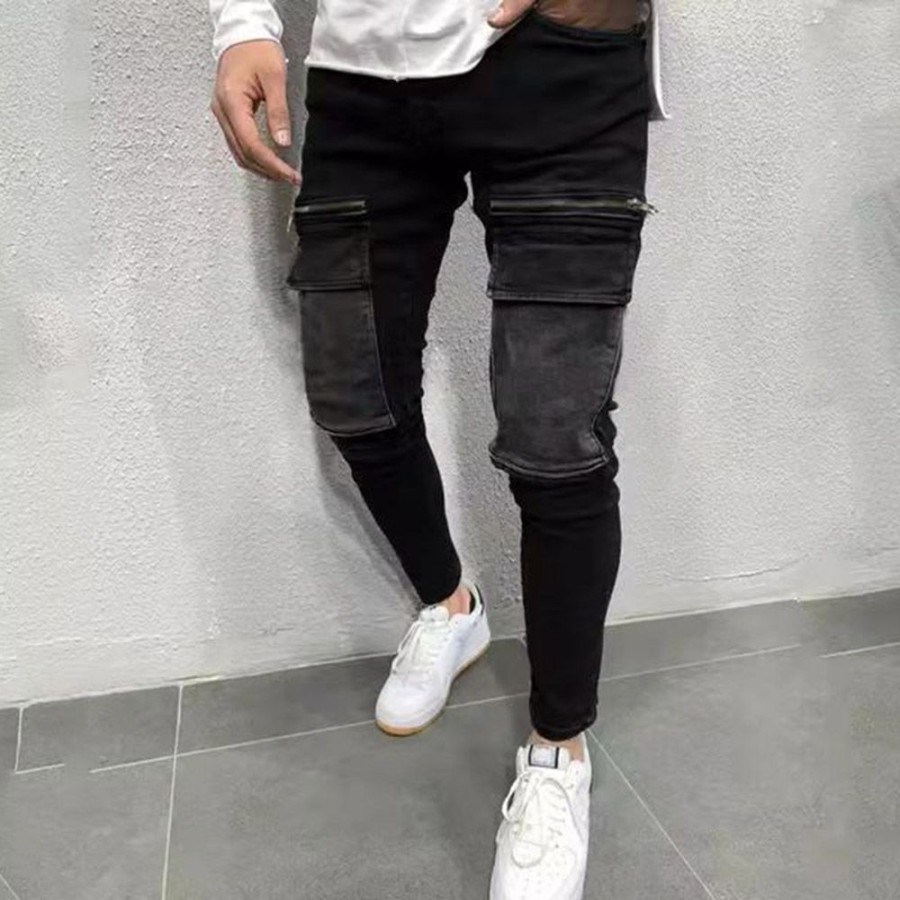 Men ericdress | Ericdress Pocket Pencil Pants Color Block European Mid Waist Jeans Black