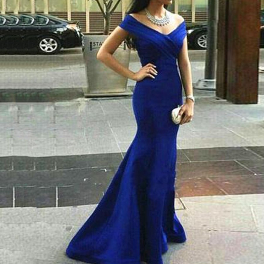 Women ericdress | Ericdress V-Neck Short Sleeve Floor-Length Pullover Mermaid Women'S Maxi Dress Blue