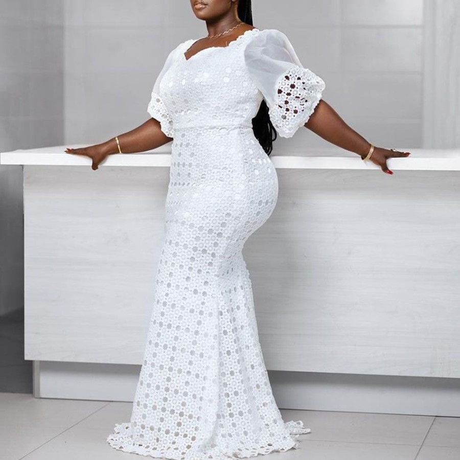 Women ericdress | Ericdress Half Sleeve Floor-Length Patchwork Women'S Plus Size Pullover Maxi Dress White