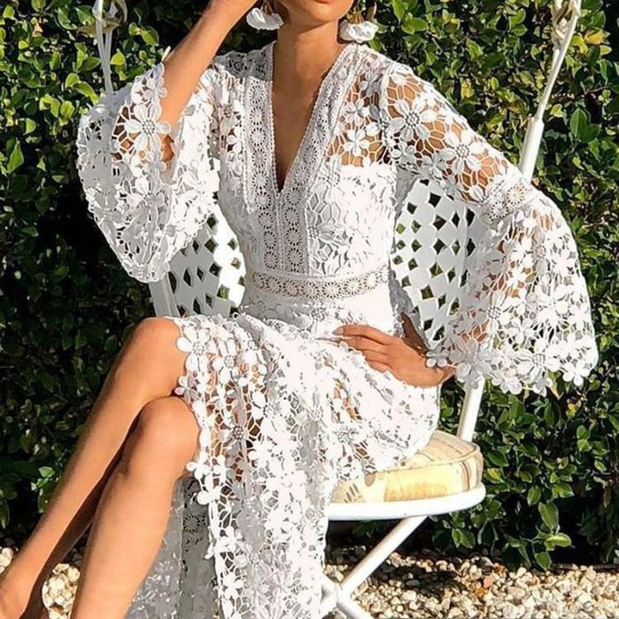 Women ericdress | Floral Midi Dress Long Sleeve Hollow Floor-Length Lace V-Neck Pullover Women'S Dress White