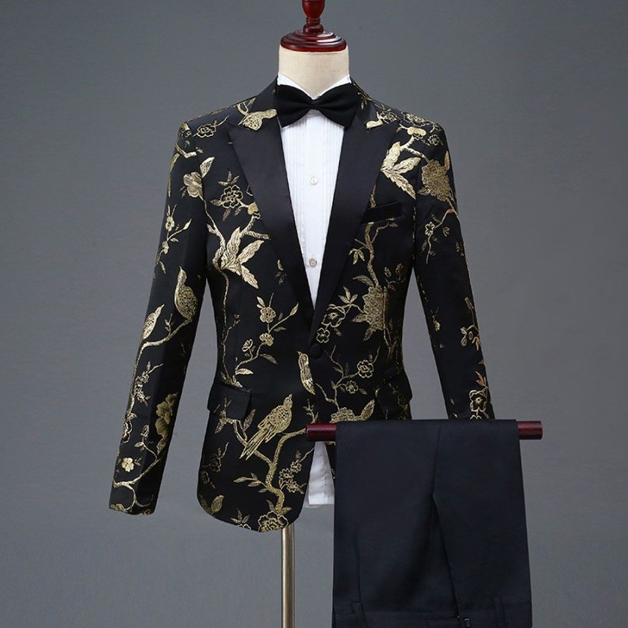 Men ericdress | Ericdress Floral Embroidery One Button Mens Party Dress Suit