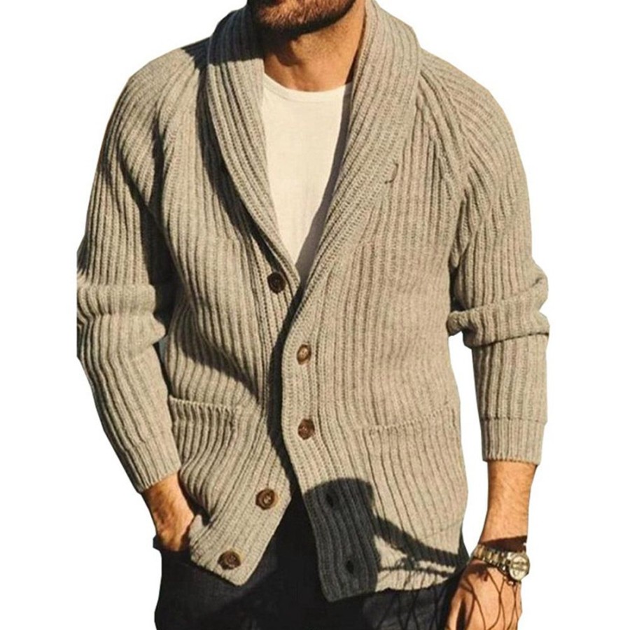 Men ericdress | Ericdress Plain Pocket Lapel Casual Single-Breasted Sweater Khaki