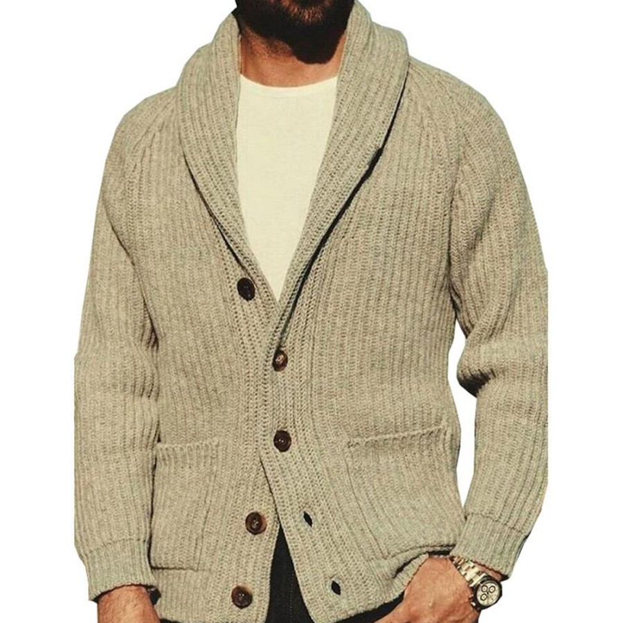 Men ericdress | Ericdress Plain Pocket Lapel Casual Single-Breasted Sweater Khaki