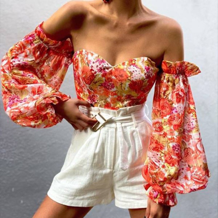 Women ericdress | Ericdress Off Shoulder Lantern Sleeve Floral Long Sleeve Women'S Short Blouse