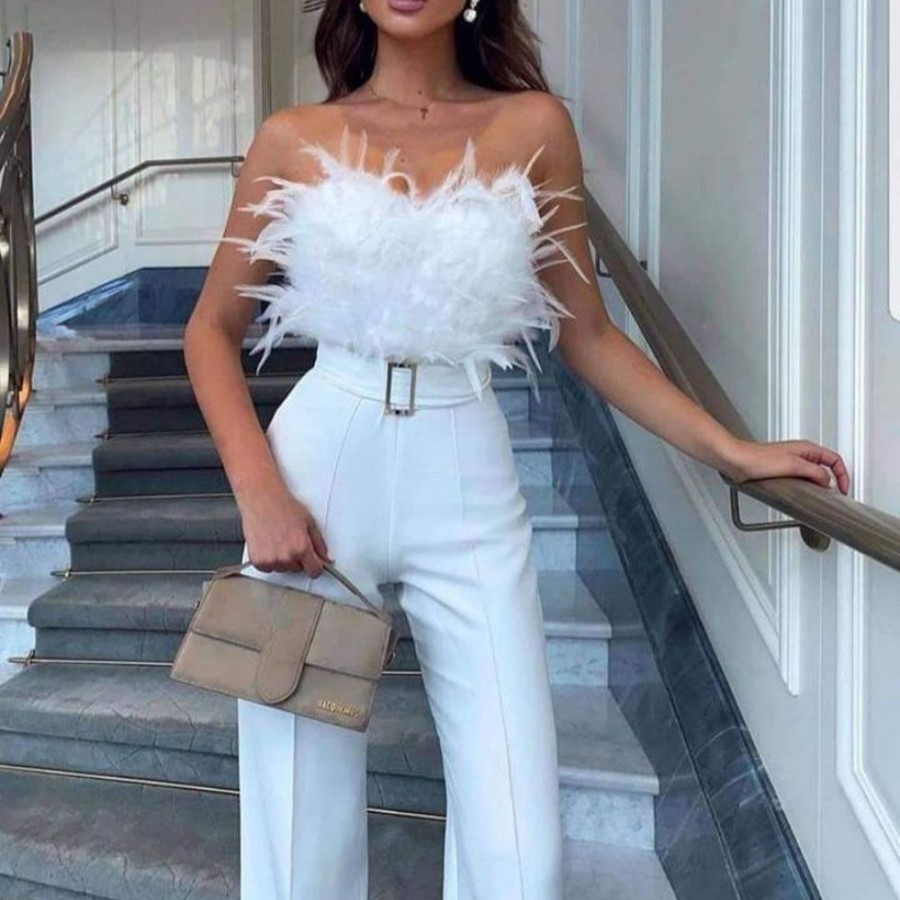 Women ericdress | Ericdress Feather Plain Full Length Slim Straight Women'S Jumpsuit White