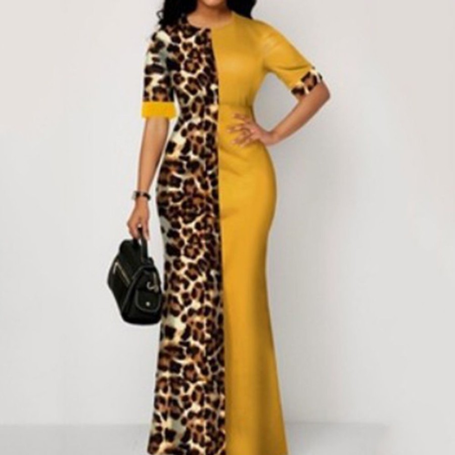 Women ericdress | Ericdress Round Neck Three-Quarter Sleeve Floor-Length Summer Ladylike Bodycon Dress Yellow