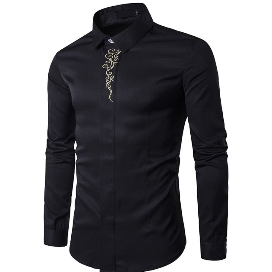 Men ericdress | Ericdress Lapel Floral Embroidery Men'S Slim Spring Shirt