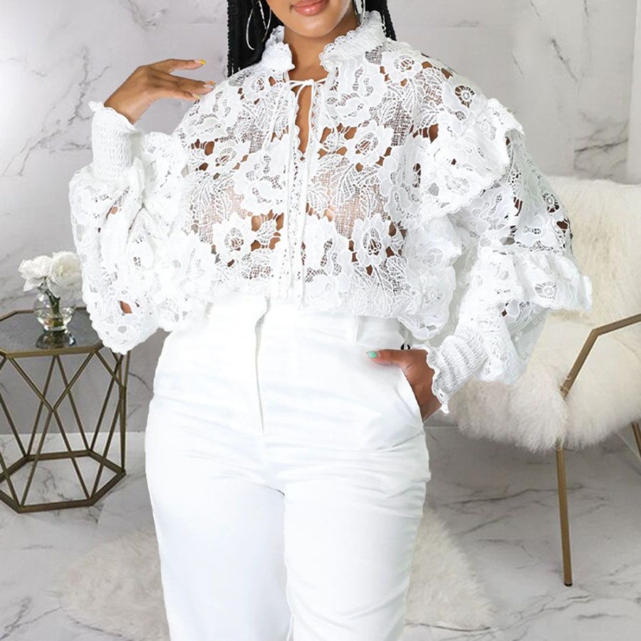 Women ericdress | Ericdress Plain Stand Collar See-Through Mid-Length Long Sleeve Blouse White