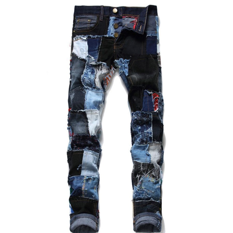 Men ericdress | Ericdress Straight Patchwork Color Block Mid Waist Button Jeans Blue