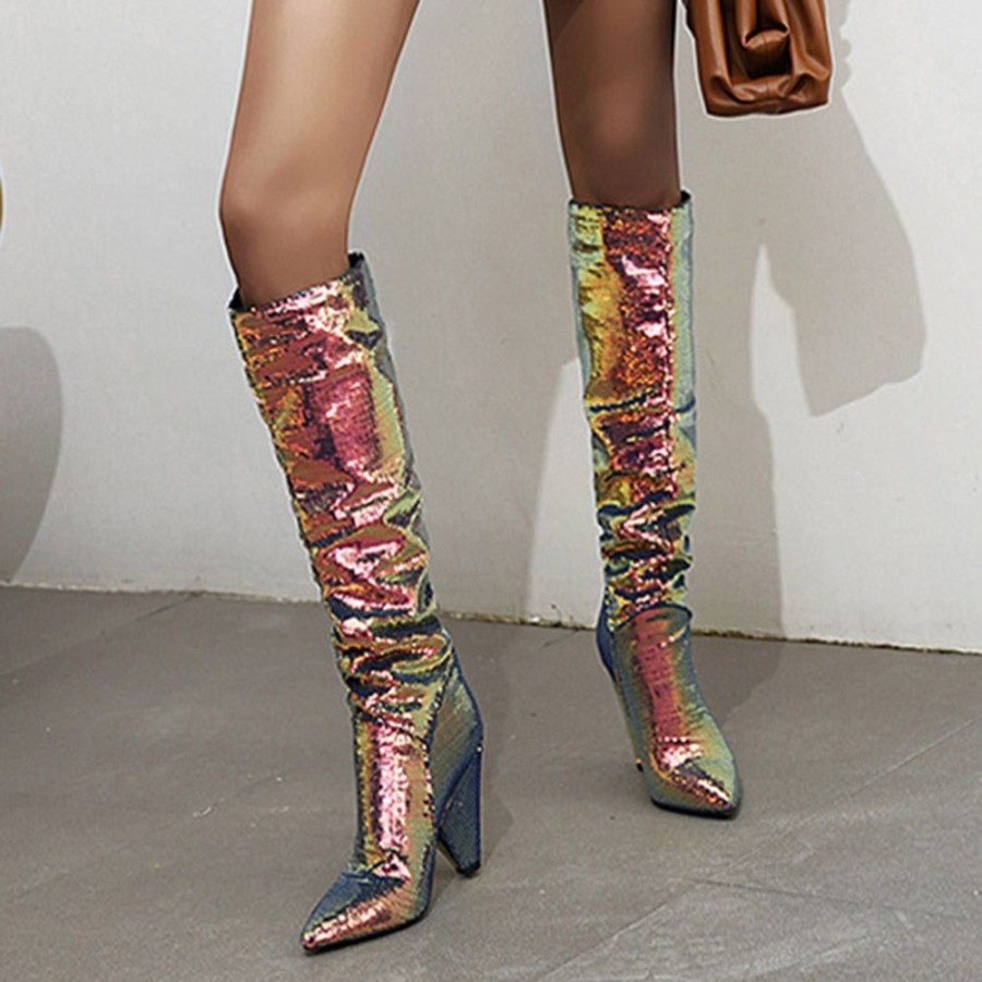 Boots ericdress | Ericdress Cone Heel Pointed Toe Slip-On Sequin Knee High Boots