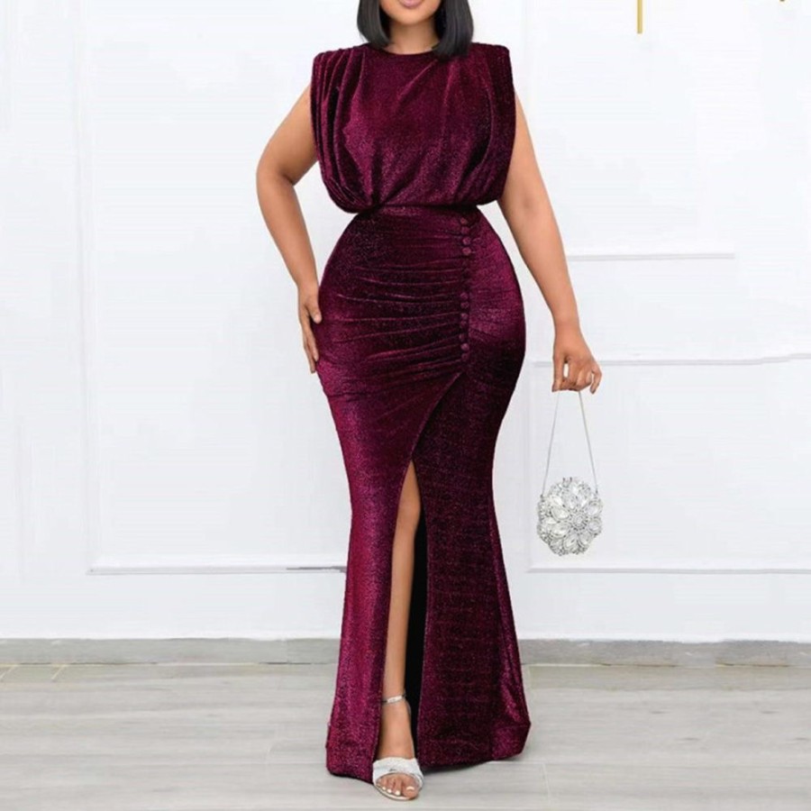 Women ericdress | Ericdress Sleeveless Floor-Length Round Neck High Waist Fall Dress Purple