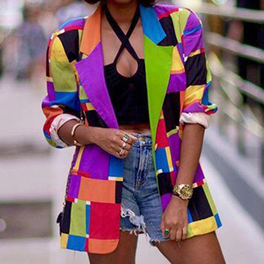 Women ericdress | Pride Rainbow Notched Lapel Color Block Nine Points Sleeve Mid-Length Women'S Casual Blazer Purple