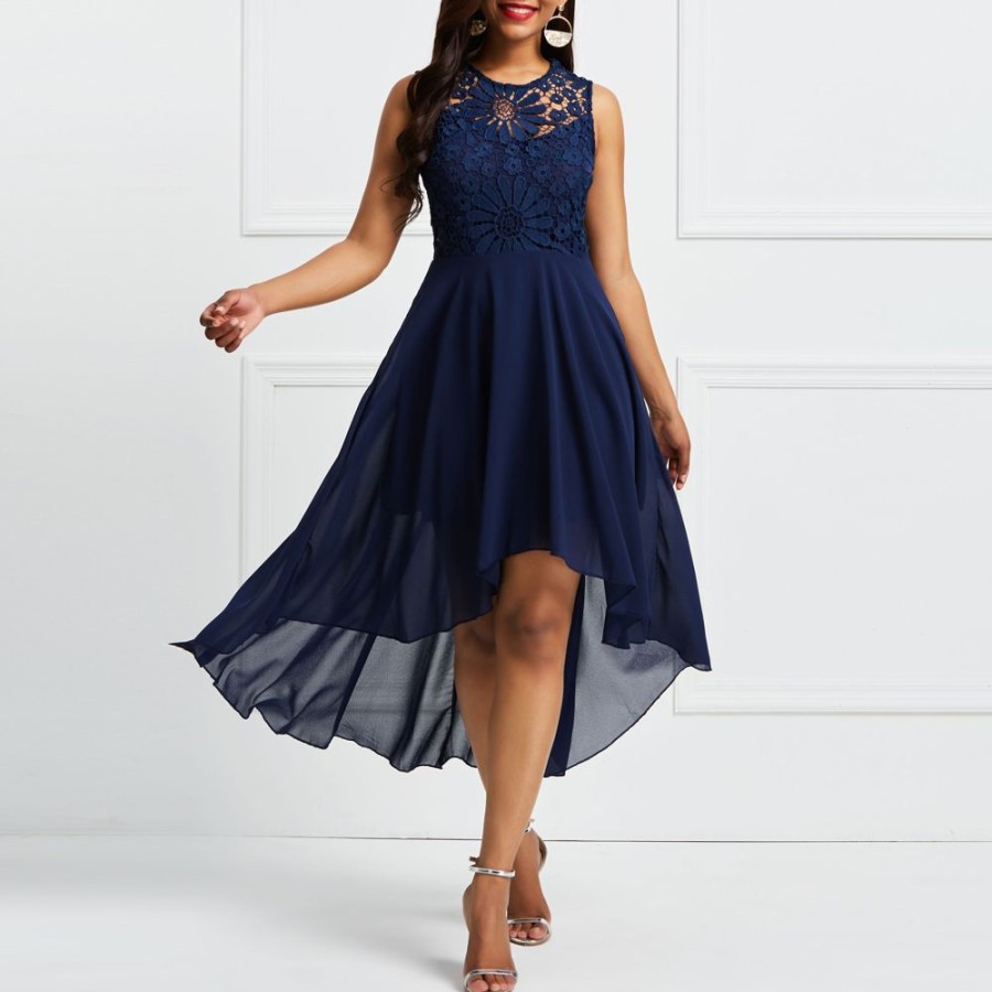 Women ericdress | Sleeveless Back Lace Day Dress Dark Blue